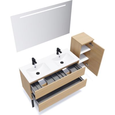 Meuble de salle de bain suspendu double vasque intégrée 120cm 2 tiroirs Chêne clair + miroir + colonne ouverture droite - Hudson