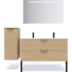 Meuble de salle de bain suspendu double vasque intégrée 120cm 2 tiroirs Chêne clair + miroir + colonne ouverture gauche - Venice