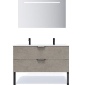 Meuble de salle de bain suspendu double vasque intégrée 120cm 2 tiroirs façon Béton + miroir - Venice