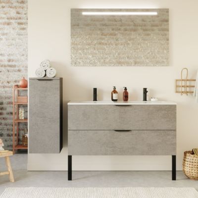 Meuble de salle de bain suspendu double vasque intégrée 120cm 2 tiroirs façon Béton - Venice