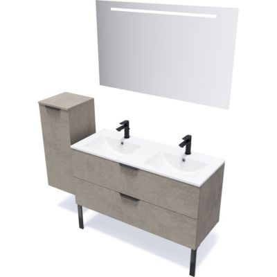 Meuble de salle de bain suspendu double vasque intégrée 120cm 2 tiroirs façon Béton - Venice