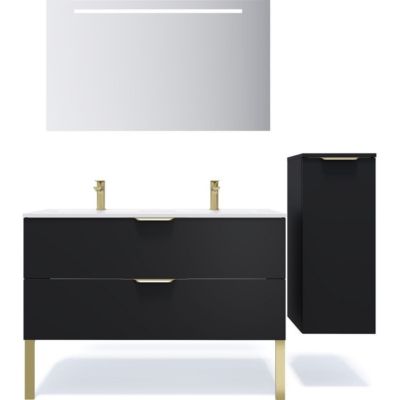 Meuble de salle de bain suspendu double vasque intégrée 120cm 2 tiroirs Noir + miroir + colonne ouverture droite - Venice