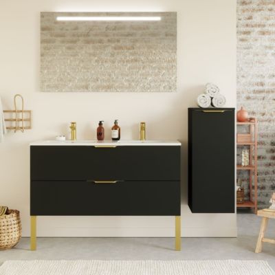 Meuble de salle de bain suspendu double vasque intégrée 120cm 2 tiroirs Noir + miroir + colonne ouverture droite - Venice