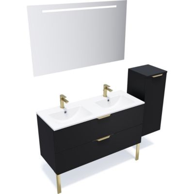 Meuble de salle de bain suspendu double vasque intégrée 120cm 2 tiroirs Noir + miroir + colonne ouverture droite - Venice