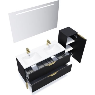 Meuble de salle de bain suspendu double vasque intégrée 120cm 2 tiroirs Noir + miroir + colonne ouverture droite - Venice