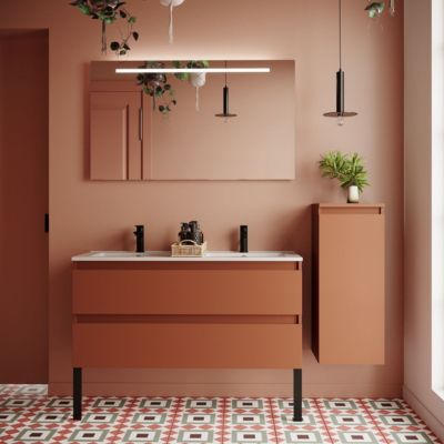 Meuble de salle de bain suspendu double vasque intégrée 120cm 2 tiroirs Terracotta + miroir + colonne ouverture droite - Hudson