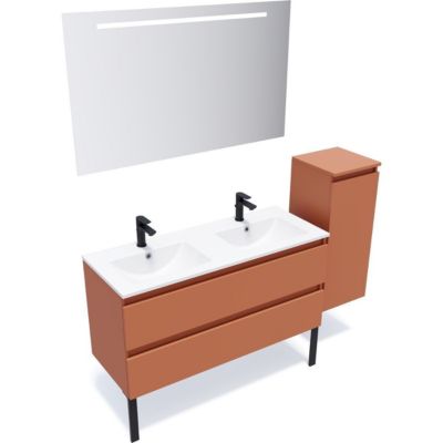 Meuble de salle de bain suspendu double vasque intégrée 120cm 2 tiroirs Terracotta + miroir + colonne ouverture droite - Hudson