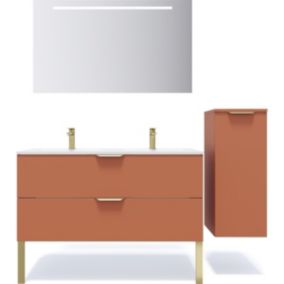 Meuble de salle de bain suspendu double vasque intégrée 120cm 2 tiroirs Terracotta + miroir + colonne ouverture droite - Venice