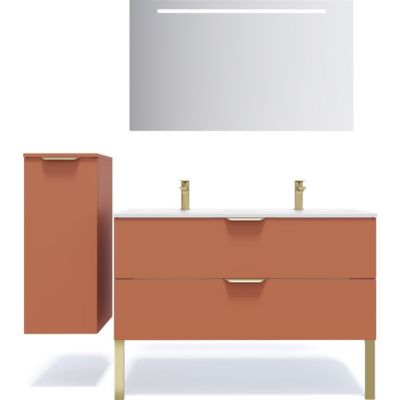 Meuble de salle de bain suspendu double vasque intégrée 120cm 2 tiroirs Terracotta + miroir + colonne ouverture gauche - Venice