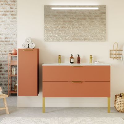 Meuble de salle de bain suspendu double vasque intégrée 120cm 2 tiroirs Terracotta + miroir + colonne ouverture gauche - Venice