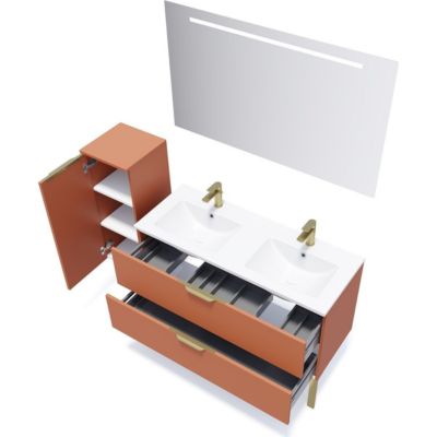 Meuble de salle de bain suspendu double vasque intégrée 120cm 2 tiroirs Terracotta + miroir + colonne ouverture gauche - Venice