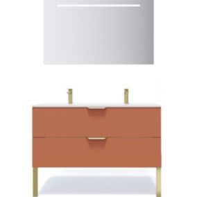 Meuble de salle de bain suspendu double vasque intégrée 120cm 2 tiroirs Terracotta + miroir - Venice