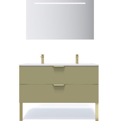 Meuble de salle de bain suspendu double vasque intégrée 120cm 2 tiroirs Vert olive + miroir - Venice