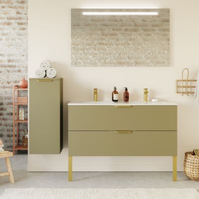 Meuble de salle de bain suspendu double vasque intégrée 120cm 2 tiroirs Vert olive + miroir - Venice