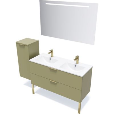 Meuble de salle de bain suspendu double vasque intégrée 120cm 2 tiroirs Vert olive + miroir - Venice