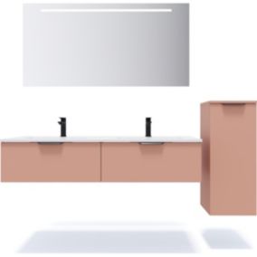 Meuble de salle de bain suspendu double vasque intégrée 140cm 2 tiroirs Abricot + miroir + colonne ouverture droite - Soho