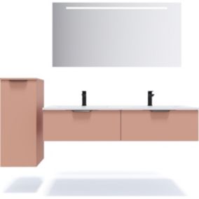 Meuble de salle de bain suspendu double vasque intégrée 140cm 2 tiroirs Abricot + miroir + colonne ouverture gauche - Soho