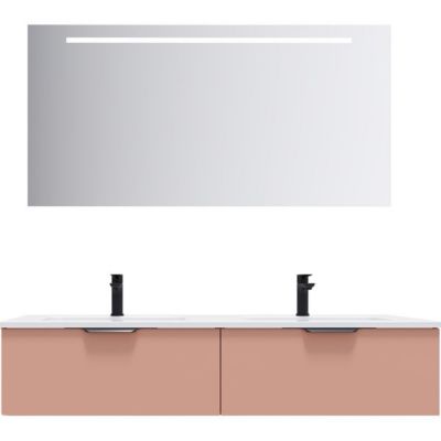 Meuble de salle de bain suspendu double vasque intégrée 140cm 2 tiroirs Abricot + miroir - Soho