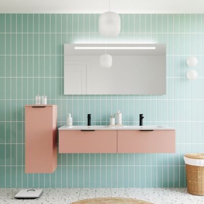 Meuble de salle de bain suspendu double vasque intégrée 140cm 2 tiroirs Abricot + miroir - Soho