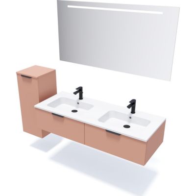 Meuble de salle de bain suspendu double vasque intégrée 140cm 2 tiroirs Abricot + miroir - Soho