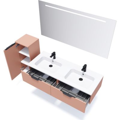 Meuble de salle de bain suspendu double vasque intégrée 140cm 2 tiroirs Abricot + miroir - Soho