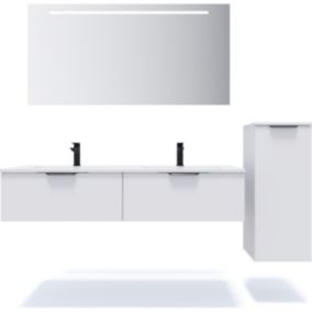 Meuble de salle de bain suspendu double vasque intégrée 140cm 2 tiroirs Blanc + miroir + colonne ouverture droite - Soho