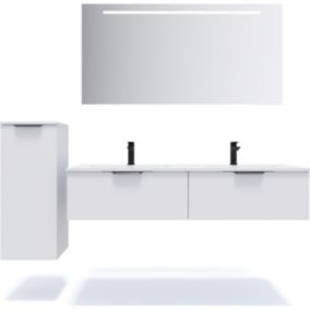 Meuble de salle de bain suspendu double vasque intégrée 140cm 2 tiroirs Blanc + miroir + colonne ouverture gauche - Soho