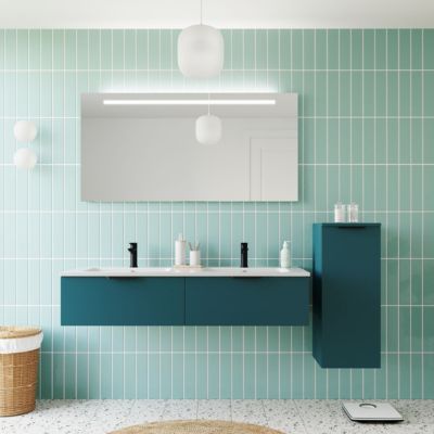 Meuble de salle de bain suspendu double vasque intégrée 140cm 2 tiroirs Bleu + miroir + colonne ouverture droite - Soho