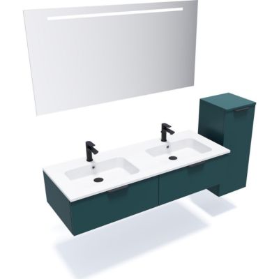 Meuble de salle de bain suspendu double vasque intégrée 140cm 2 tiroirs Bleu + miroir + colonne ouverture droite - Soho