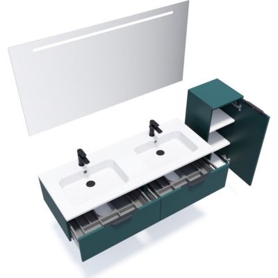 Meuble de salle de bain suspendu double vasque intégrée 140cm 2 tiroirs Bleu + miroir + colonne ouverture droite - Soho