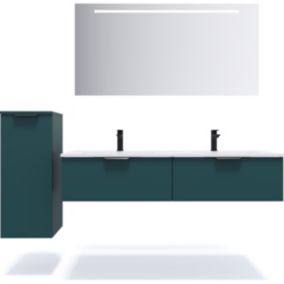 Meuble de salle de bain suspendu double vasque intégrée 140cm 2 tiroirs Bleu + miroir + colonne ouverture gauche - Soho