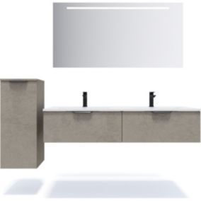 Meuble de salle de bain suspendu double vasque intégrée 140cm 2 tiroirs façon Béton + miroir + colonne ouverture gauche - Soho