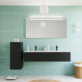Meuble de salle de bain suspendu double vasque intégrée 140cm 2 tiroirs Noir + miroir + colonne ouverture gauche - Soho