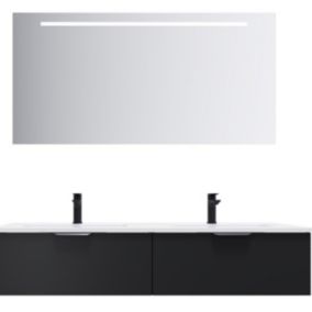 Meuble de salle de bain suspendu double vasque intégrée 140cm 2 tiroirs Noir + miroir - Soho