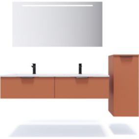 Meuble de salle de bain suspendu double vasque intégrée 140cm 2 tiroirs Terracotta + miroir + colonne ouverture droite - Soho