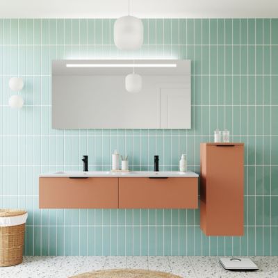 Meuble de salle de bain suspendu double vasque intégrée 140cm 2 tiroirs Terracotta + miroir + colonne ouverture droite - Soho