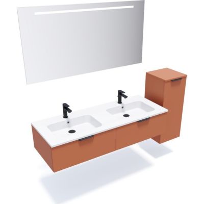 Meuble de salle de bain suspendu double vasque intégrée 140cm 2 tiroirs Terracotta + miroir + colonne ouverture droite - Soho