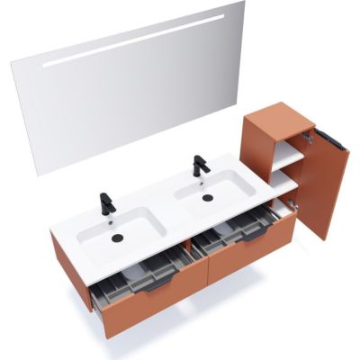 Meuble de salle de bain suspendu double vasque intégrée 140cm 2 tiroirs Terracotta + miroir + colonne ouverture droite - Soho