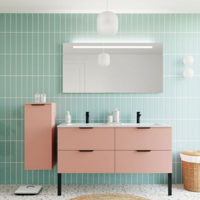 Meuble de salle de bain suspendu double vasque intégrée 140cm 4 tiroirs Abricot + miroir + colonne ouverture gauche - Soho