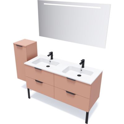 Meuble de salle de bain suspendu double vasque intégrée 140cm 4 tiroirs Abricot + miroir + colonne ouverture gauche - Soho
