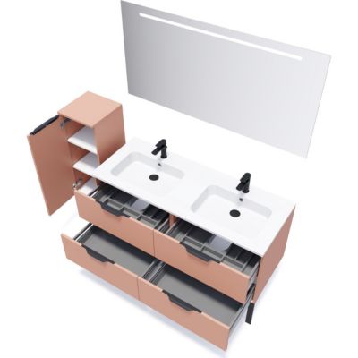 Meuble de salle de bain suspendu double vasque intégrée 140cm 4 tiroirs Abricot + miroir + colonne ouverture gauche - Soho