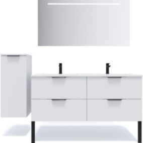 Meuble de salle de bain suspendu double vasque intégrée 140cm 4 tiroirs Blanc + miroir + colonne ouverture gauche - Soho