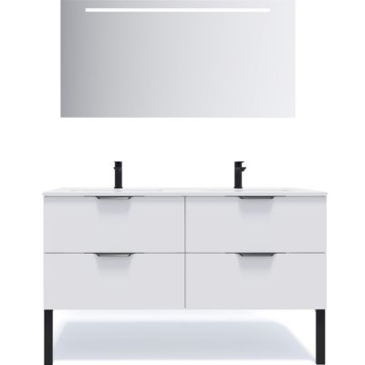 Meuble de salle de bain suspendu double vasque intégrée 140cm 4 tiroirs Blanc + miroir - Soho