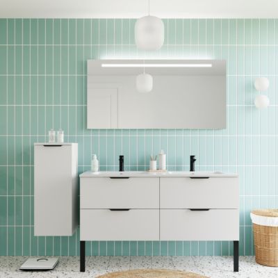 Meuble de salle de bain suspendu double vasque intégrée 140cm 4 tiroirs Blanc + miroir - Soho