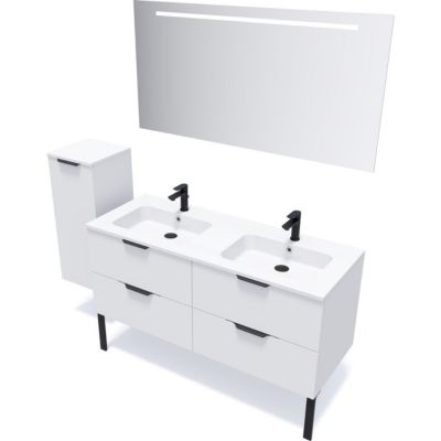 Meuble de salle de bain suspendu double vasque intégrée 140cm 4 tiroirs Blanc + miroir - Soho