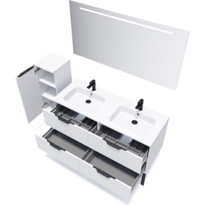 Meuble de salle de bain suspendu double vasque intégrée 140cm 4 tiroirs Blanc + miroir - Soho