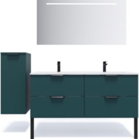 Meuble de salle de bain suspendu double vasque intégrée 140cm 4 tiroirs Bleu + miroir + colonne ouverture gauche - Soho
