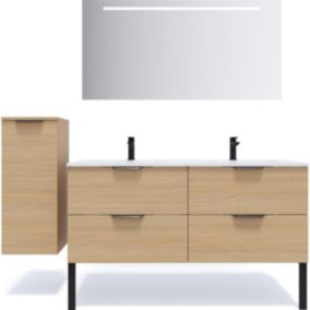 Meuble de salle de bain suspendu double vasque intégrée 140cm 4 tiroirs Chêne clair + miroir + colonne ouverture gauche - Soho
