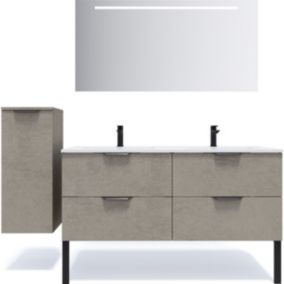 Meuble de salle de bain suspendu double vasque intégrée 140cm 4 tiroirs façon Béton + miroir + colonne ouverture gauche - Soho