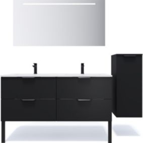 Meuble de salle de bain suspendu double vasque intégrée 140cm 4 tiroirs Noir + miroir + colonne ouverture droite - Soho